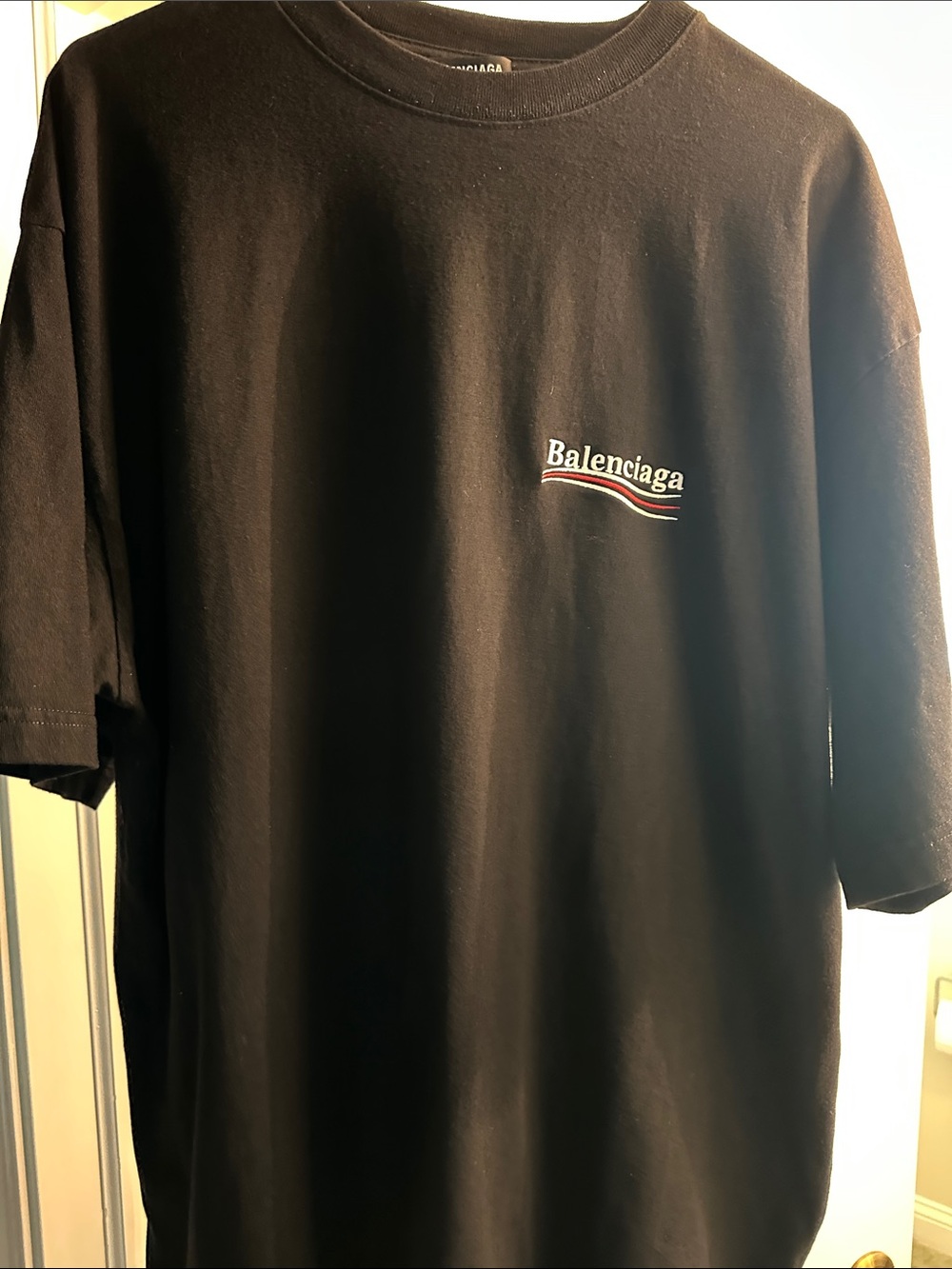 Balenciaga Political  Short Sleeve Embroidered Logo Tee with Red & White Accent